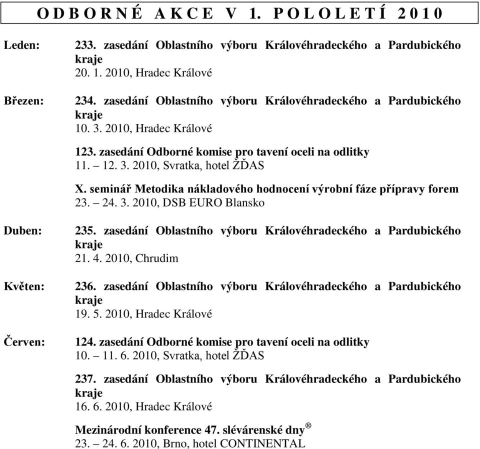 seminář Metodika nákladového hodnocení výrobní fáze přípravy forem 23. 24. 3. 2010, DSB EURO Blansko Duben: Květen: Červen: 235. zasedání Oblastního výboru Královéhradeckého a Pardubického 21. 4.