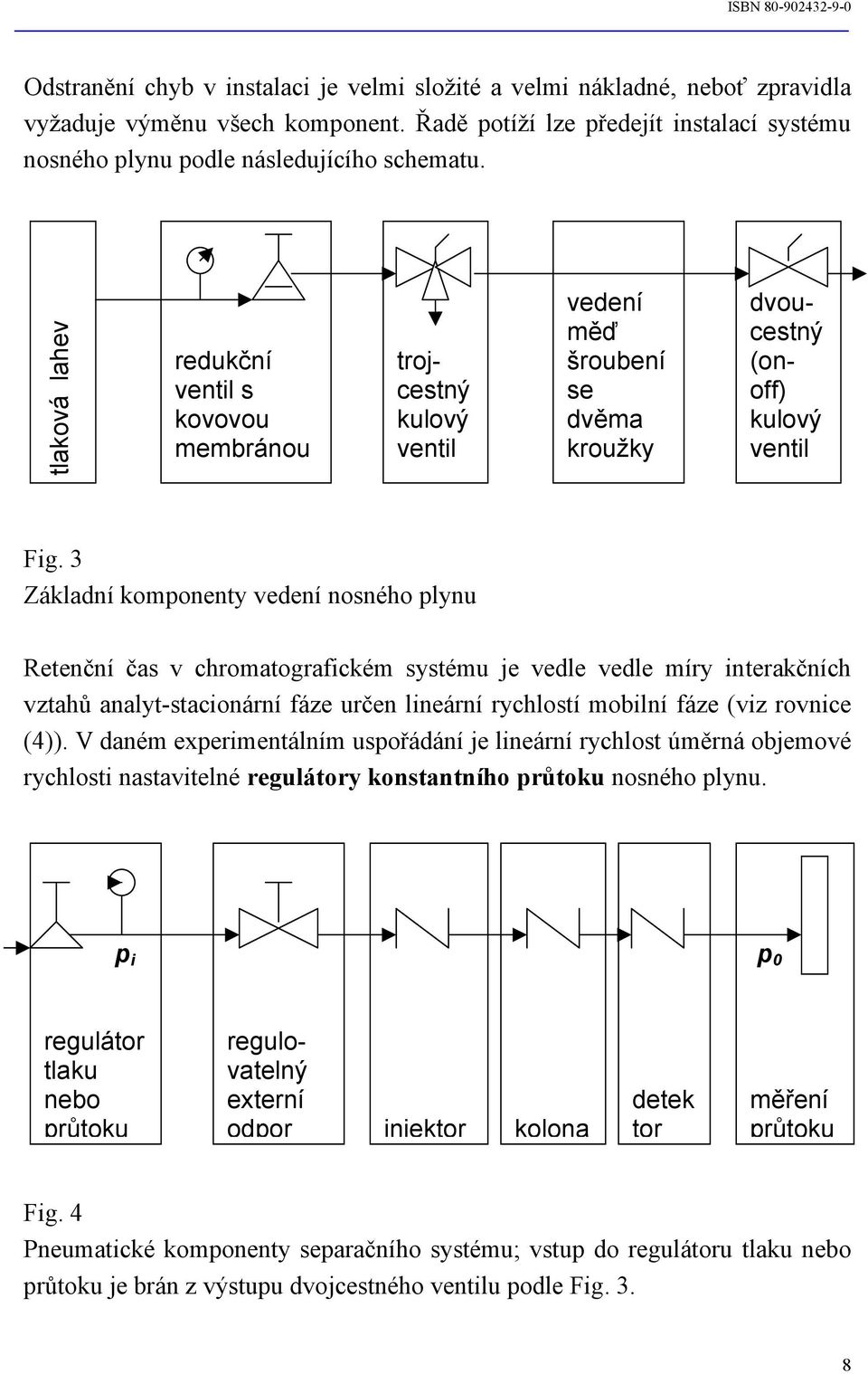 3 Základní komponenty vedení nosného plynu Retenční čas v chromatografickém systému je vedle vedle míry interakčních vztahů analyt-stacionární fáze určen lineární rychlostí mobilní fáze (viz rovnice