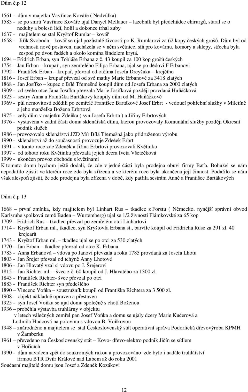 trhal zuby 1637 - majitelem se stal Kryštof Rumlar kovář 1658 - Jiřík Svoboda kovář se ujal pozůstalé živnosti po K. Rumlarovi za 62 kopy českých grošů.