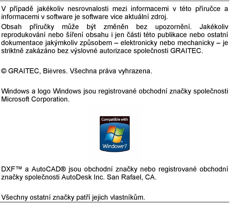 Jakékoliv reprodukování nebo šíření obsahu i jen části této publikace nebo ostatní dokumentace jakýmkoliv způsobem elektronicky nebo mechanicky je striktně zakázáno bez