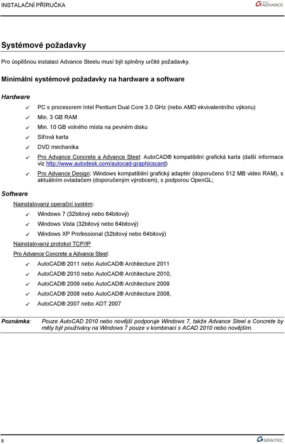 10 GB volného místa na pevném disku Síťová karta DVD mechanika Pro Advance Concrete a Advance Steel: AutoCAD kompatibilní grafická karta (další informace viz http://www.autodesk.