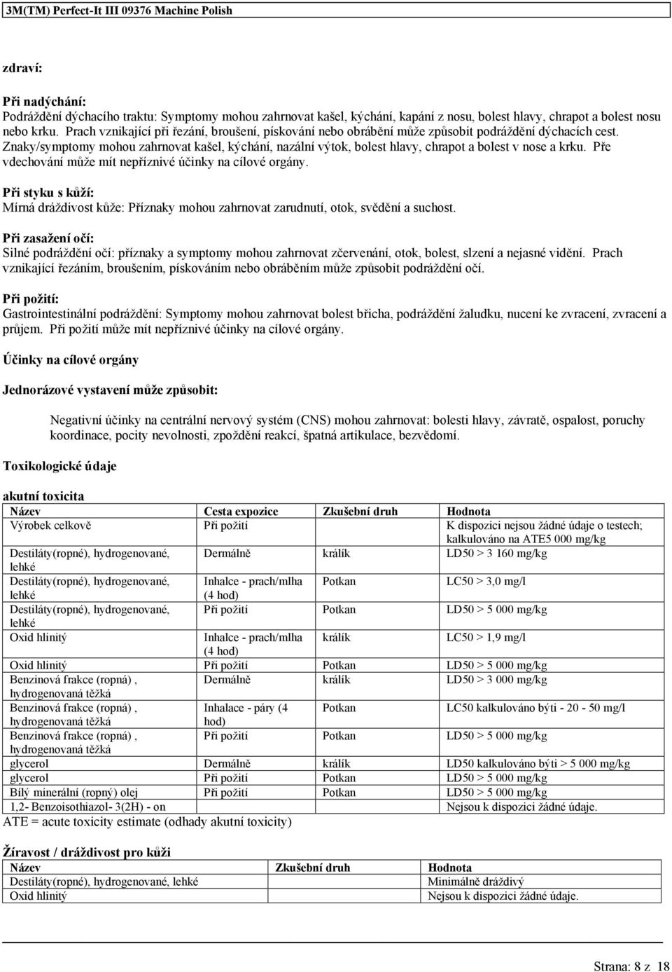 Znaky/symptomy mohou zahrnovat kašel kýchání nazální výtok bolest hlavy chrapot a bolest v nose a krku. Pře vdechování může mít nepříznivé účinky na cílové orgány.