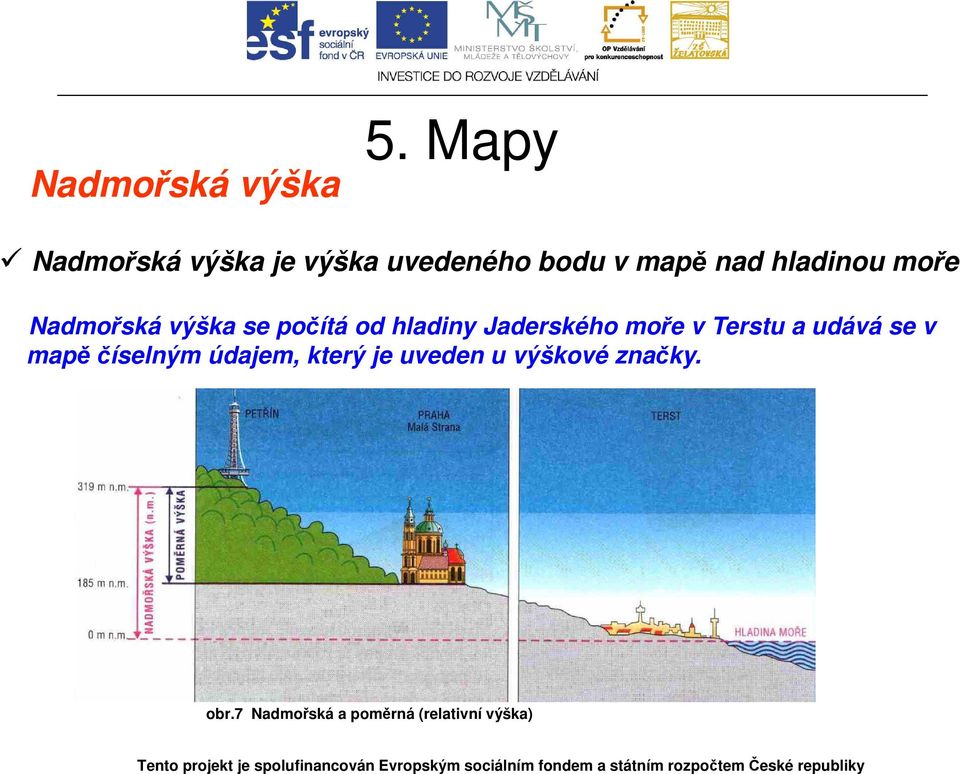 Jaderského moře v Terstu a udává se v mapě číselným údajem,