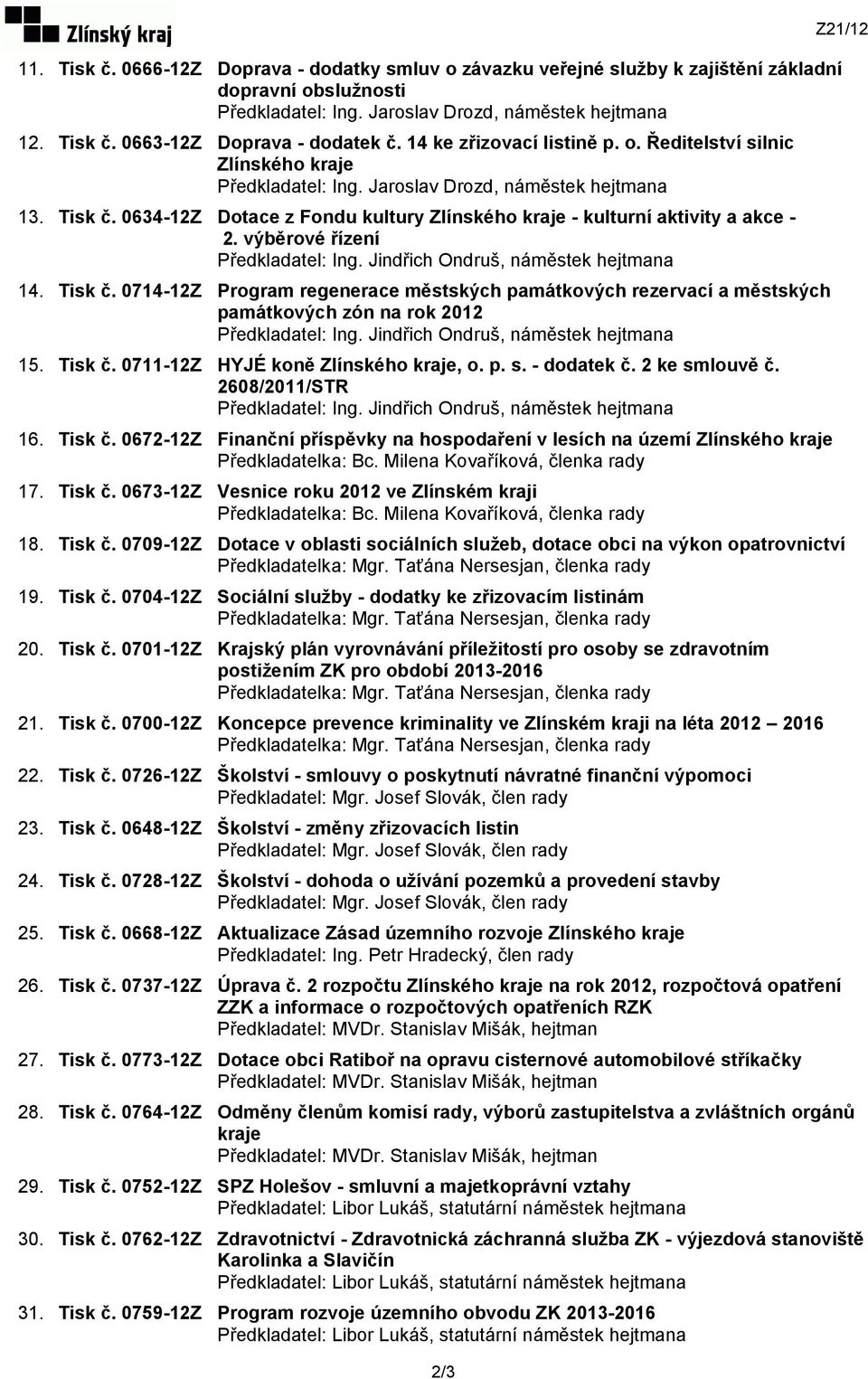 0714-12Z Program regenerace městských památkových rezervací a městských památkových zón na rok 2012 15. Tisk č. 0711-12Z HYJÉ koně Zlínského kraje, o. p. s. - dodatek č. 2 ke smlouvě č.