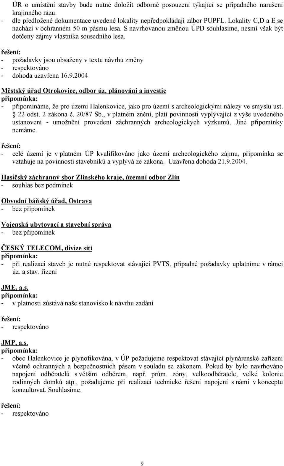 řešení: - požadavky jsou obsaženy v textu návrhu změny - respektováno - dohoda uzavřena 16.9.2004 Městský úřad Otrokovice, odbor úz.