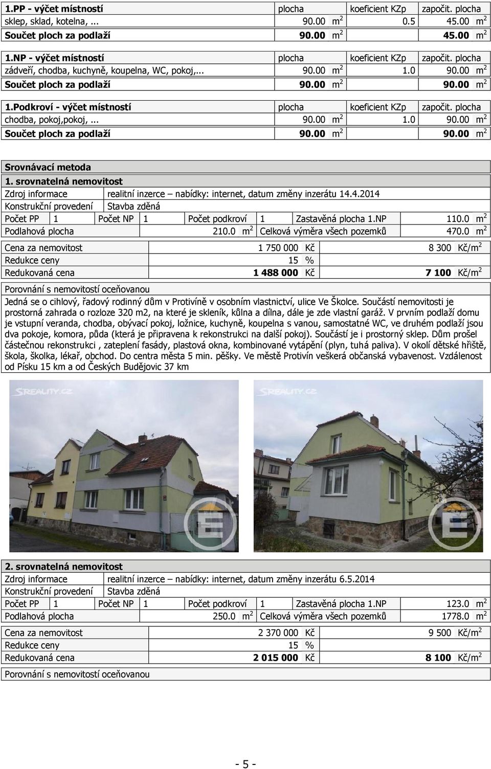 plocha chodba, pokoj,pokoj,... 90.00 m 2 1.0 90.00 m 2 Součet ploch za podlaží 90.00 m 2 90.00 m 2 Srovnávací metoda 1.