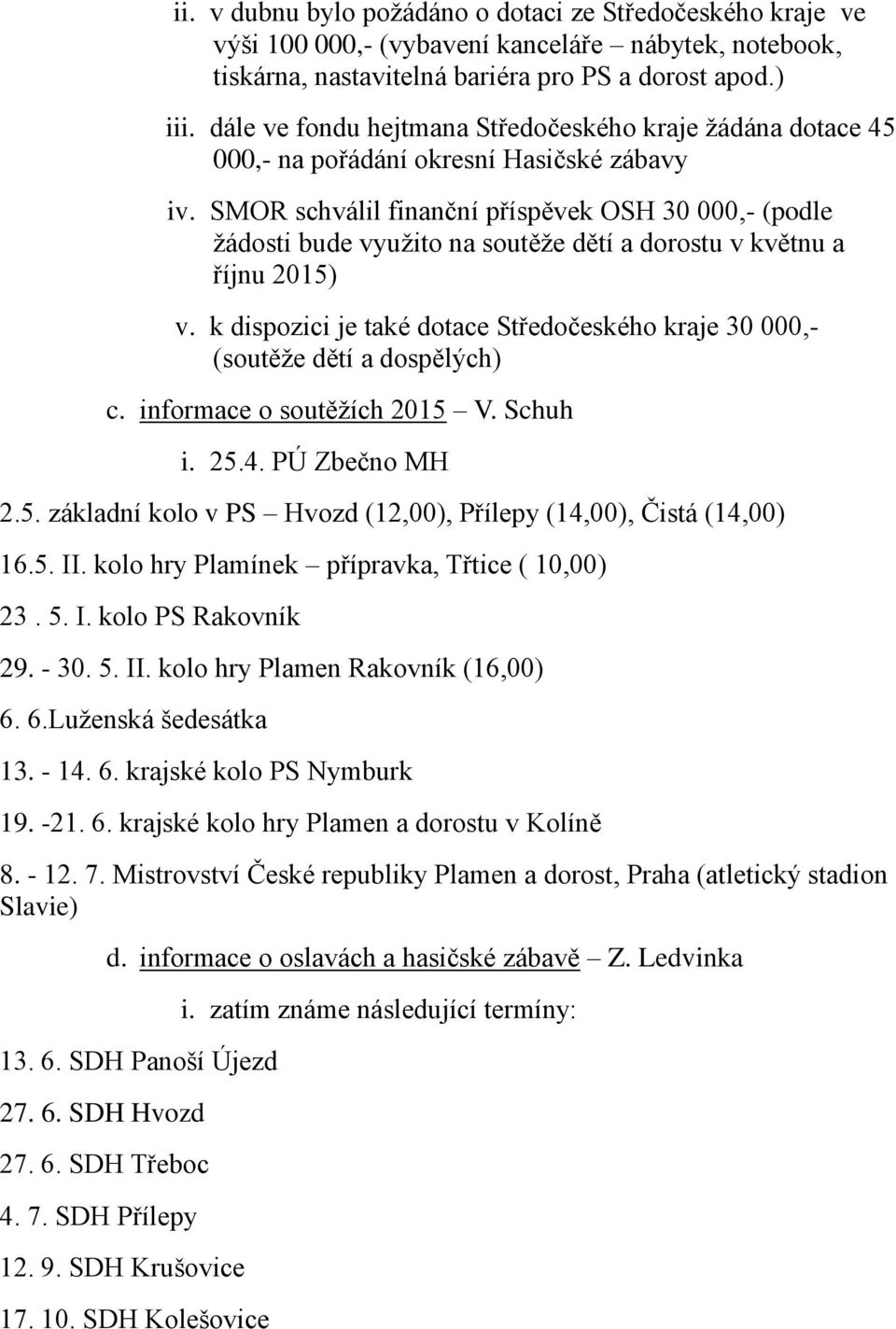 SMOR schválil finanční příspěvek OSH 30 000,- (podle žádosti bude využito na soutěže dětí a dorostu v květnu a říjnu 2015) v.