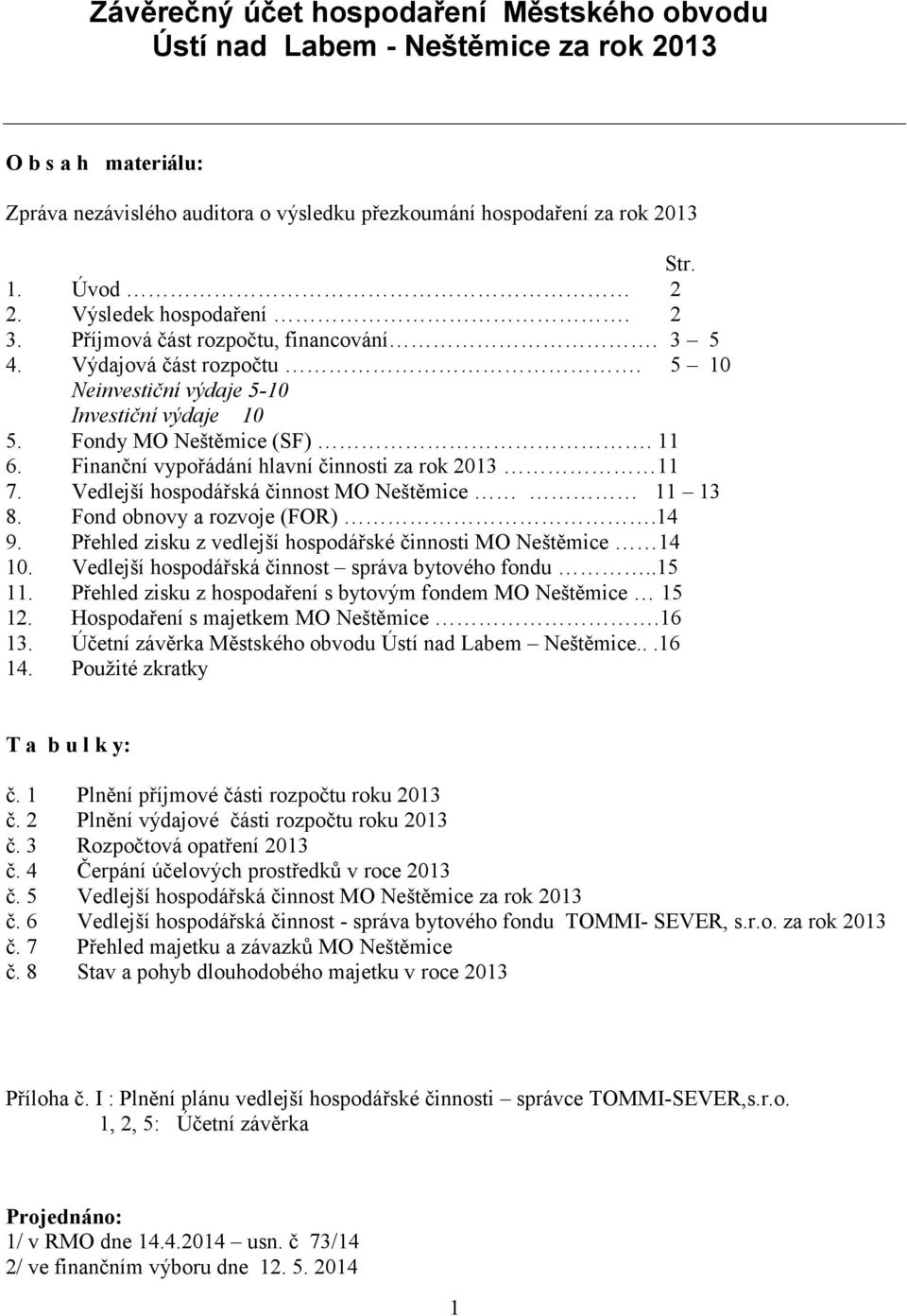 Finanční vypořádání hlavní činnosti za rok 2013 11 7. Vedlejší hospodářská činnost MO Neštěmice 11 13 8. Fond obnovy a rozvoje (FOR).14 9.