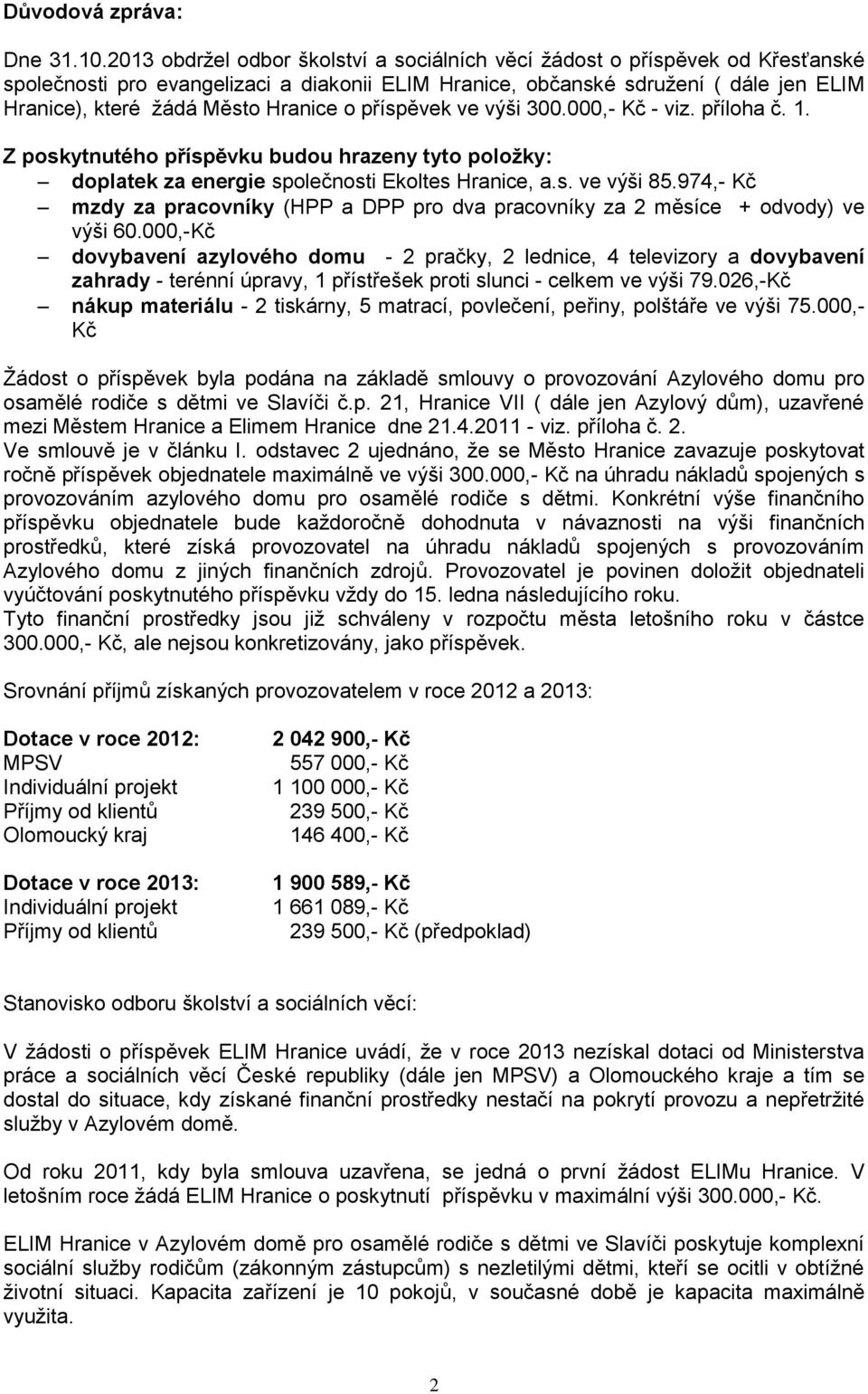 Hranice o příspěvek ve výši 300.000,- Kč - viz. příloha č. 1. Z poskytnutého příspěvku budou hrazeny tyto položky: doplatek za energie společnosti Ekoltes Hranice, a.s. ve výši 85.