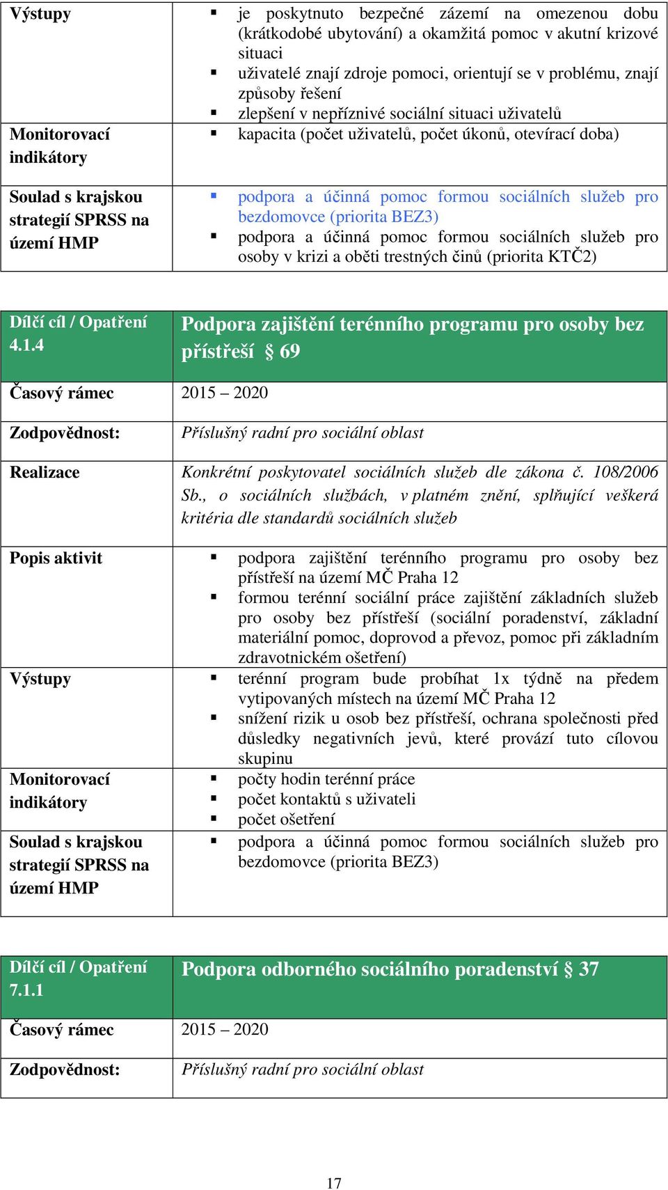 formou sociálních služeb pro bezdomovce (priorita BEZ3) podpora a účinná pomoc formou sociálních služeb pro osoby v krizi a oběti trestných činů (priorita KTČ2) Dílčí cíl / Opatření 4.1.