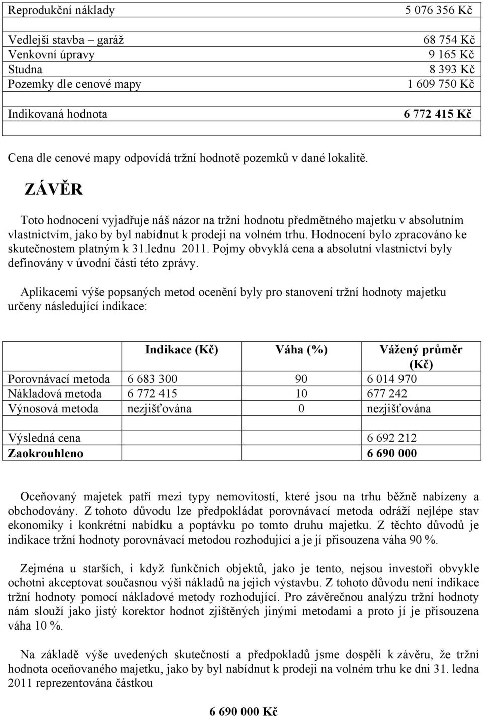 Hodnocení bylo zpracováno ke skutečnostem platným k 31.lednu 2011. Pojmy obvyklá cena a absolutní vlastnictví byly definovány v úvodní části této zprávy.