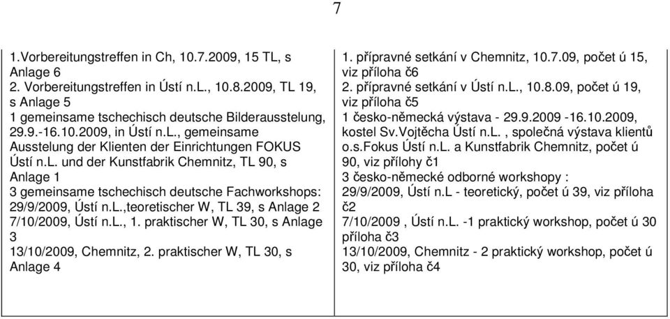l., 1. praktischer W, TL 30, s Anlage 3 13/10/2009, Chemnitz, 2. praktischer W, TL 30, s Anlage 4 1. přípravné setkání v Chemnitz, 10.7.09, počet ú 15, viz příloha č6 2. přípravné setkání v Ústí n.l., 10.8.