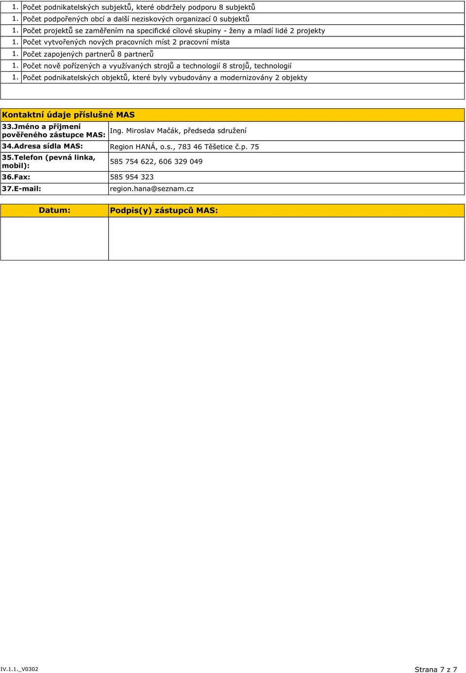 Počet podnikatelských objektů, které byly vybudovány a modernizovány 2 objekty Kontaktní údaje příslušné MAS 33.Jméno a příjmení pověřeného zástupce MAS: Ing.