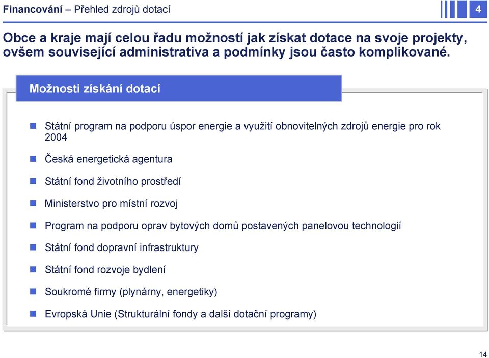 Možnosti získání dotací Státní program na podporu úspor energie a využití obnovitelných zdrojů energie pro rok 2004 Česká energetická agentura Státní fond