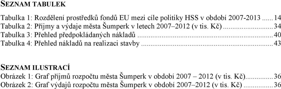 ..34 Tabulka 3: Přehled předpokládaných nákladů...40 Tabulka 4: Přehled nákladů na realizaci stavby.