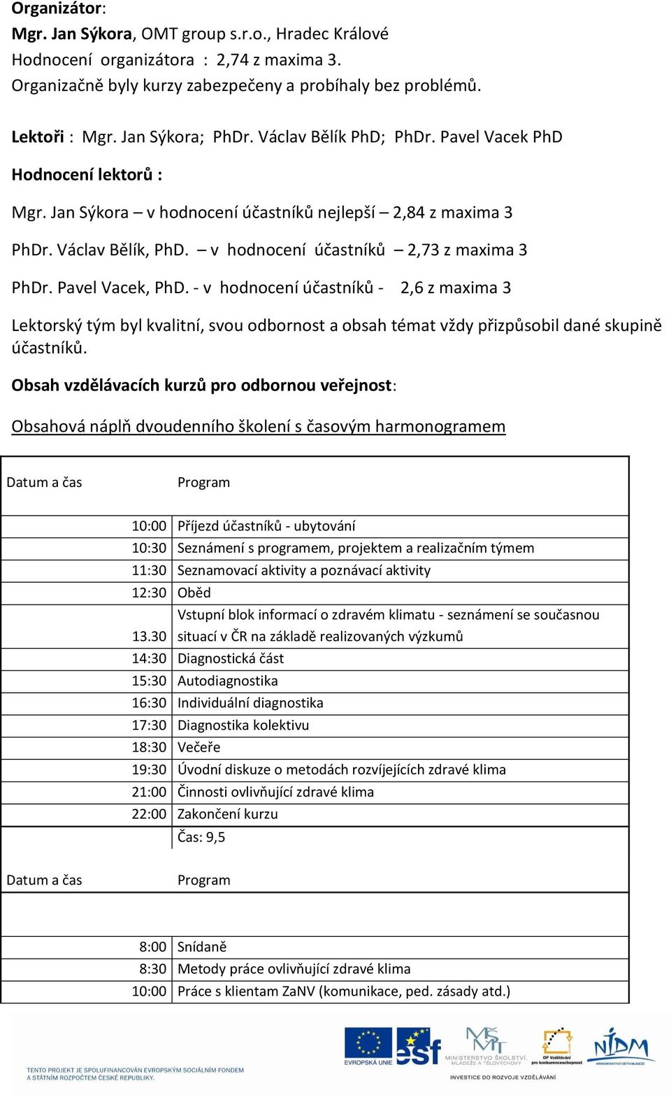 Pavel Vacek, PhD. - v hodnocení účastníků - 2,6 z maxima 3 Lektorský tým byl kvalitní, svou odbornost a obsah témat vždy přizpůsobil dané skupině účastníků.