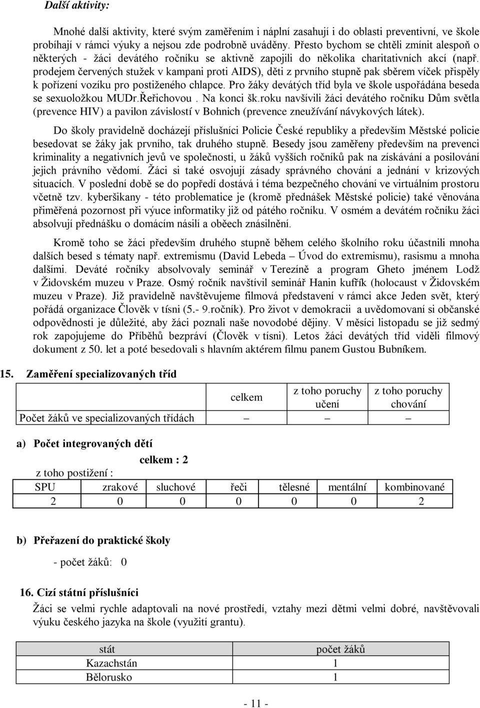 prodejem červených stužek v kampani proti AIDS), děti z prvního stupně pak sběrem víček přispěly k pořízení vozíku pro postiženého chlapce.