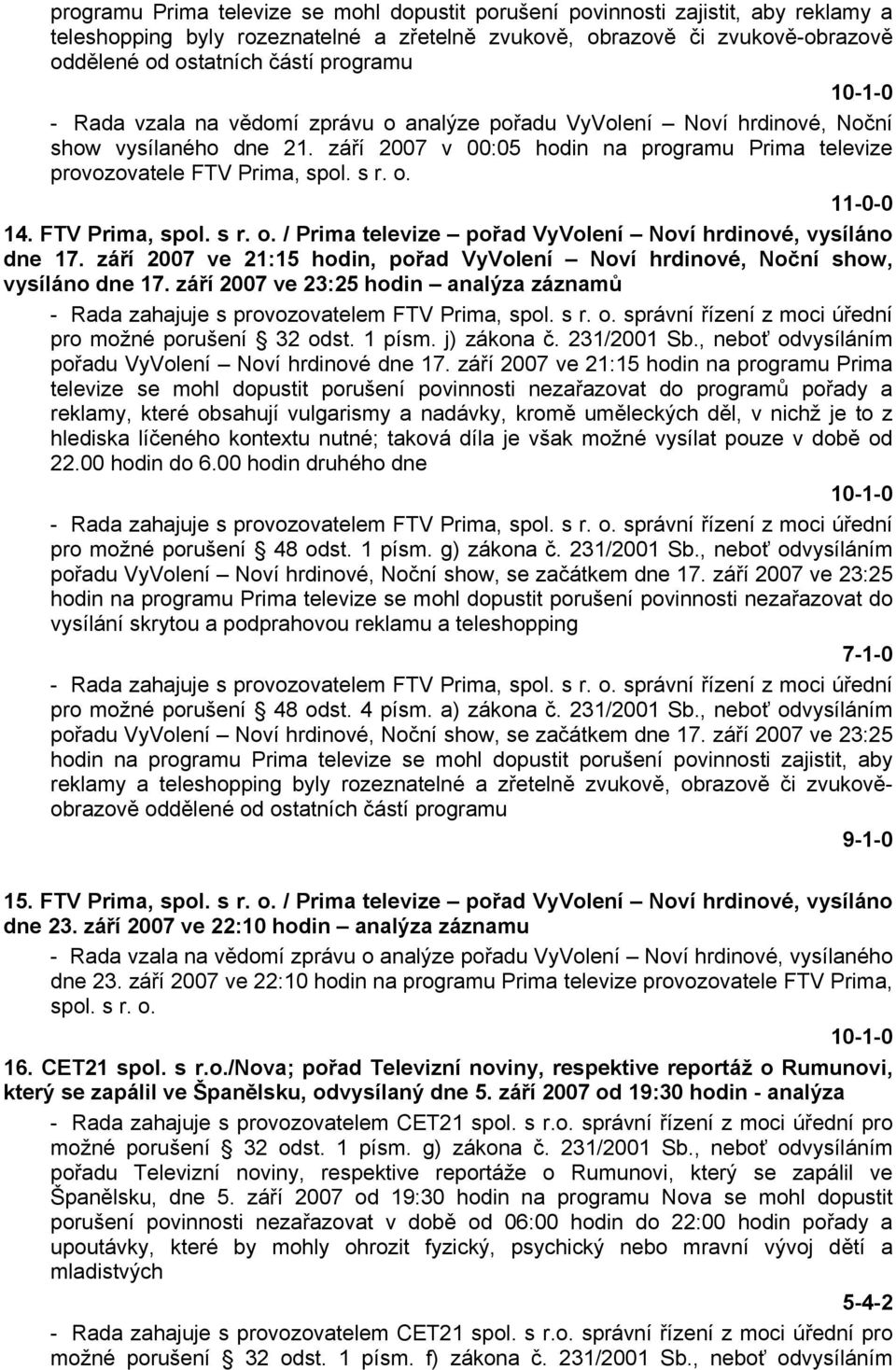 FTV Prima, spol. s r. o. / Prima televize pořad VyVolení Noví hrdinové, vysíláno dne 17. září 2007 ve 21:15 hodin, pořad VyVolení Noví hrdinové, Noční show, vysíláno dne 17.