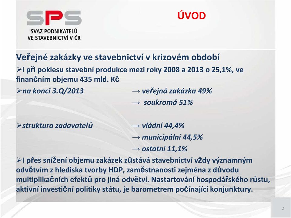 Q/2013 veřejná zakázka 49% soukromá 51% struktura zadavatelů vládní 44,4% municipální 44,5% ostatní 11,1% I přes sníženíobjemu zakázek