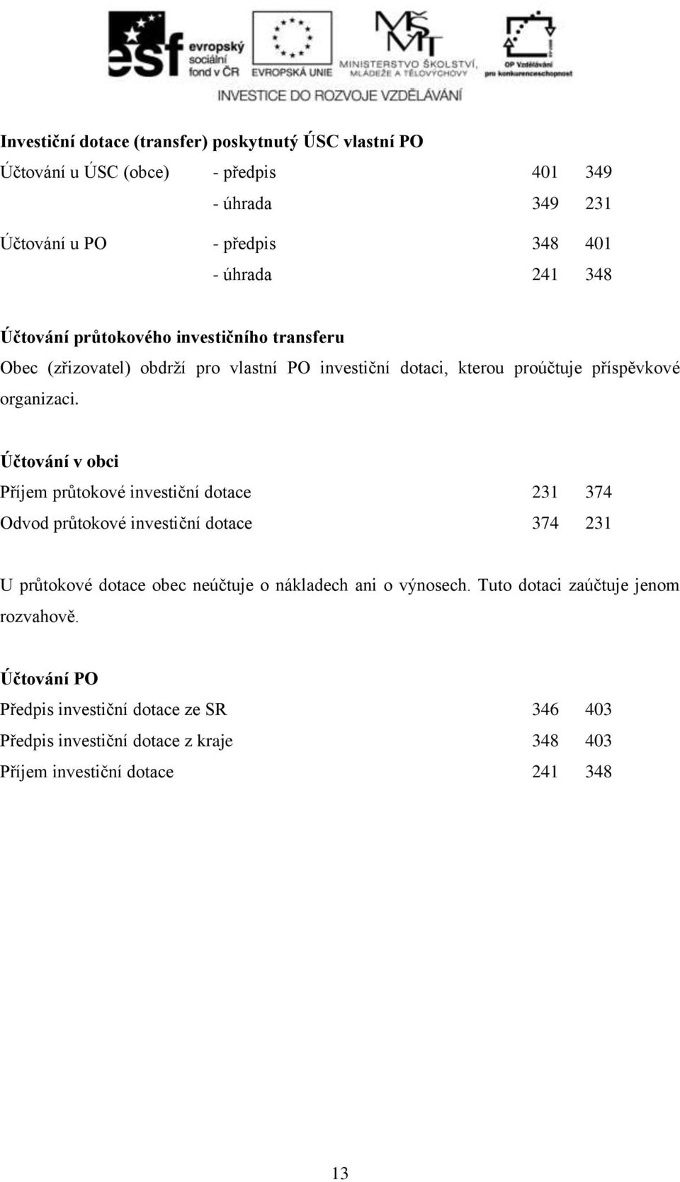 Účtování v obci Příjem průtokové investiční dotace 231 374 Odvod průtokové investiční dotace 374 231 U průtokové dotace obec neúčtuje o nákladech ani o