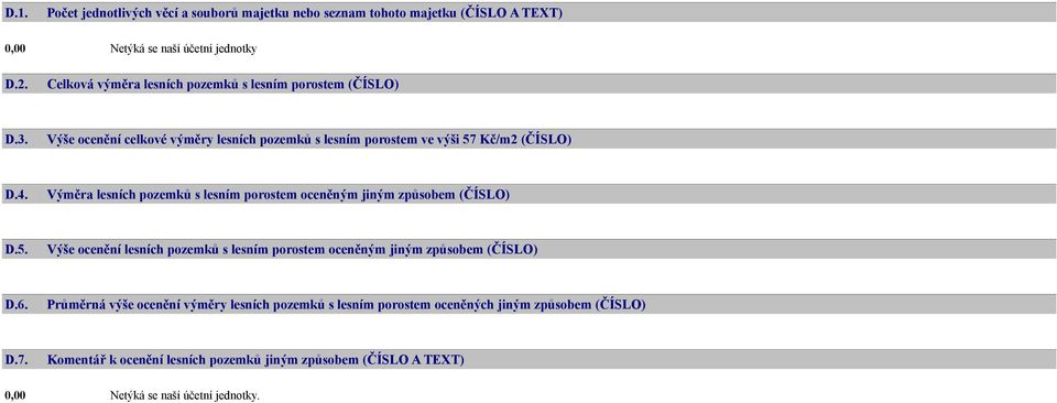 Výměra lesních pozemků s lesním porostem oceněným jiným způsobem (ČÍSLO) D.5. Výše ocenění lesních pozemků s lesním porostem oceněným jiným způsobem (ČÍSLO) D.6.