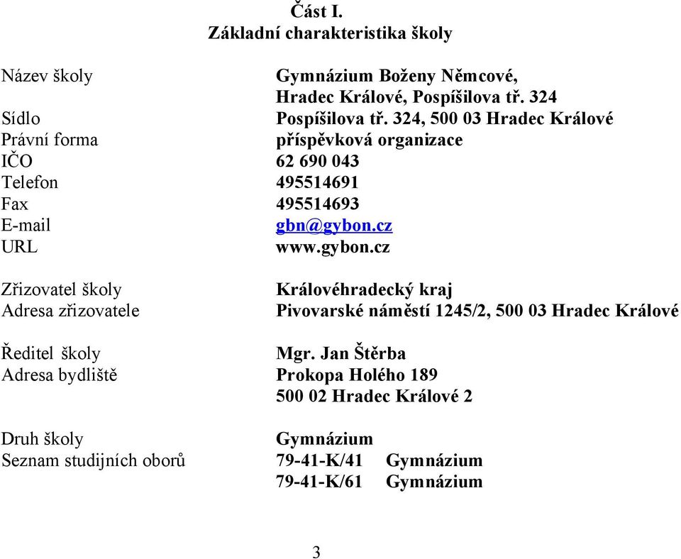 gybon.cz Zřizovatel školy Adresa zřizovatele Královéhradecký kraj Pivovarské náměstí 1245/2, 500 03 Hradec Králové Ředitel školy Mgr.