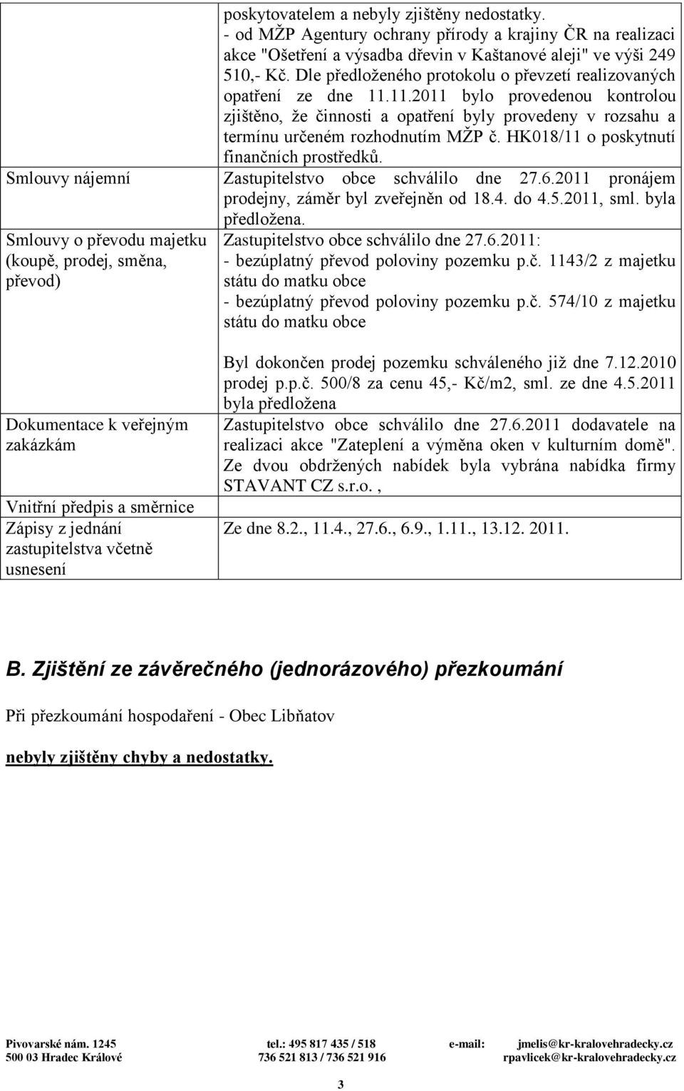 HK018/11 o poskytnutí finančních prostředků. Smlouvy nájemní Zastupitelstvo obce schválilo dne 27.6.2011 pronájem prodejny, záměr byl zveřejněn od 18.4. do 4.5.2011, sml. byla předložena.