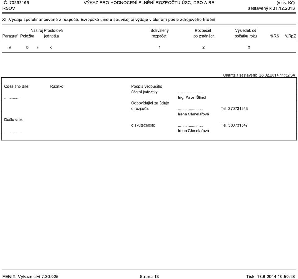 2014 11:52:34 Odesláno dne: Razítko: Podpis vedoucího účetní jednotky:...... Ing. Pavel Štindl Odpovídající za údaje o rozpočtu:.