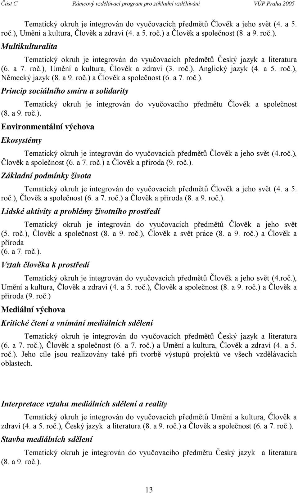 a 9. roč.). Environmentální výchova Ekosystémy Tematický okruh je integrován do vyučovacích předmětů Člověk a jeho svět (4.roč.), Člověk a společnost ( a 7. roč.) a Člověk a příroda (9. roč.). Základní podmínky života Tematický okruh je integrován do vyučovacích předmětů Člověk a jeho svět (4.