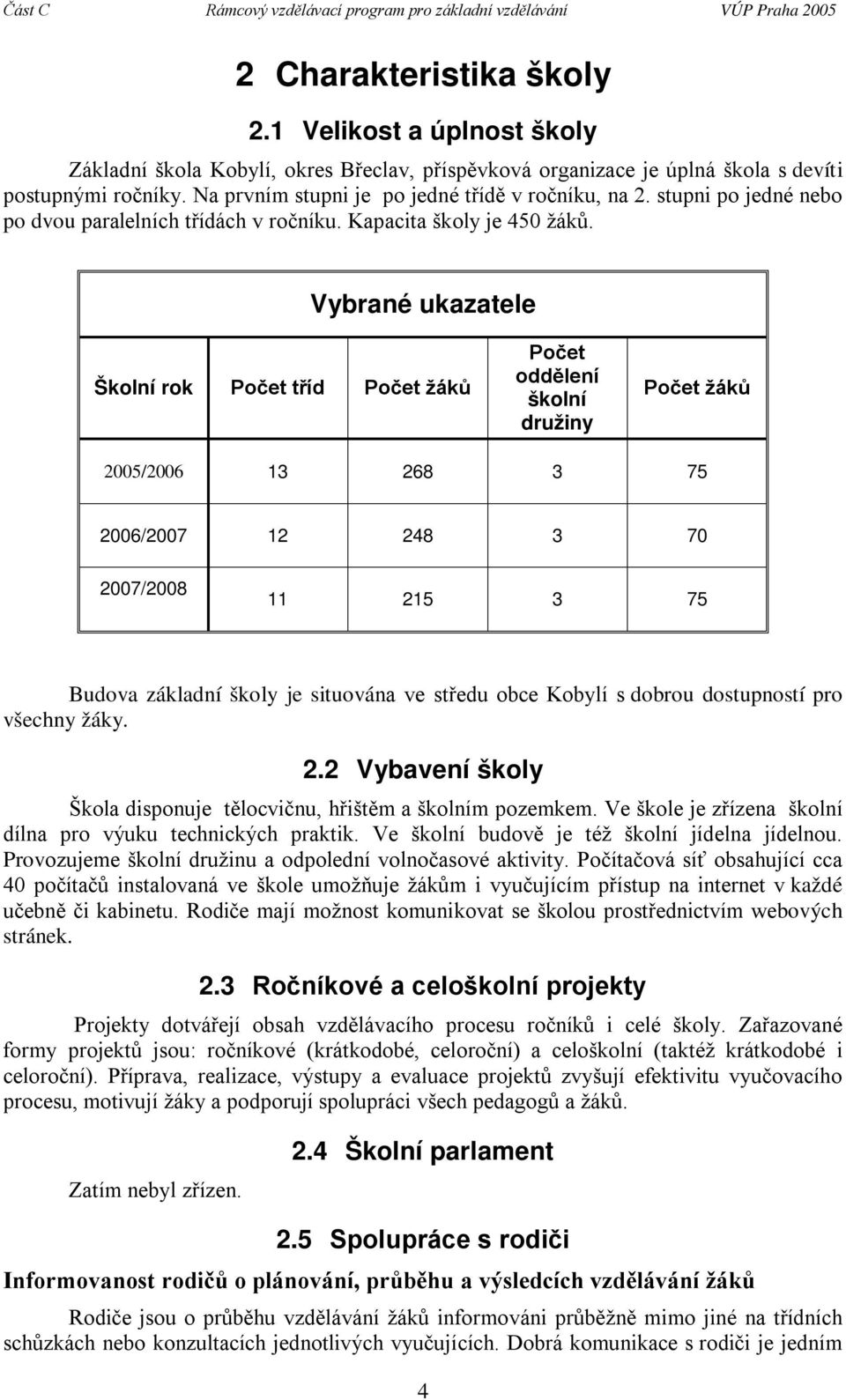 Vybrané ukazatele Školní rok Počet tříd Počet žáků Počet oddělení školní družiny Počet žáků 2005/2006 13 268 3 75 2006/2007 12 248 3 70 2007/2008 11 215 3 75 Budova základní školy je situována ve