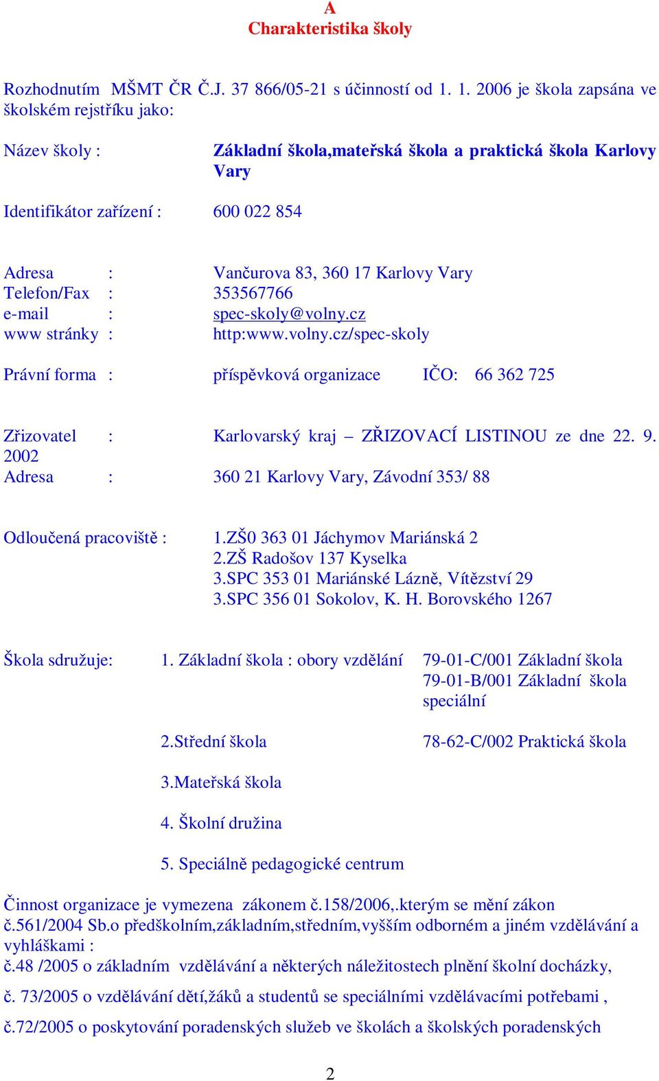 Vary Telefon/Fax : 353567766 e-mail : spec-skoly@volny.cz www stránky : http:www.volny.cz/spec-skoly Právní forma : píspvková organizace IO: 66 362 725 Zizovatel : Karlovarský kraj ZIZOVACÍ LISTINOU ze dne 22.