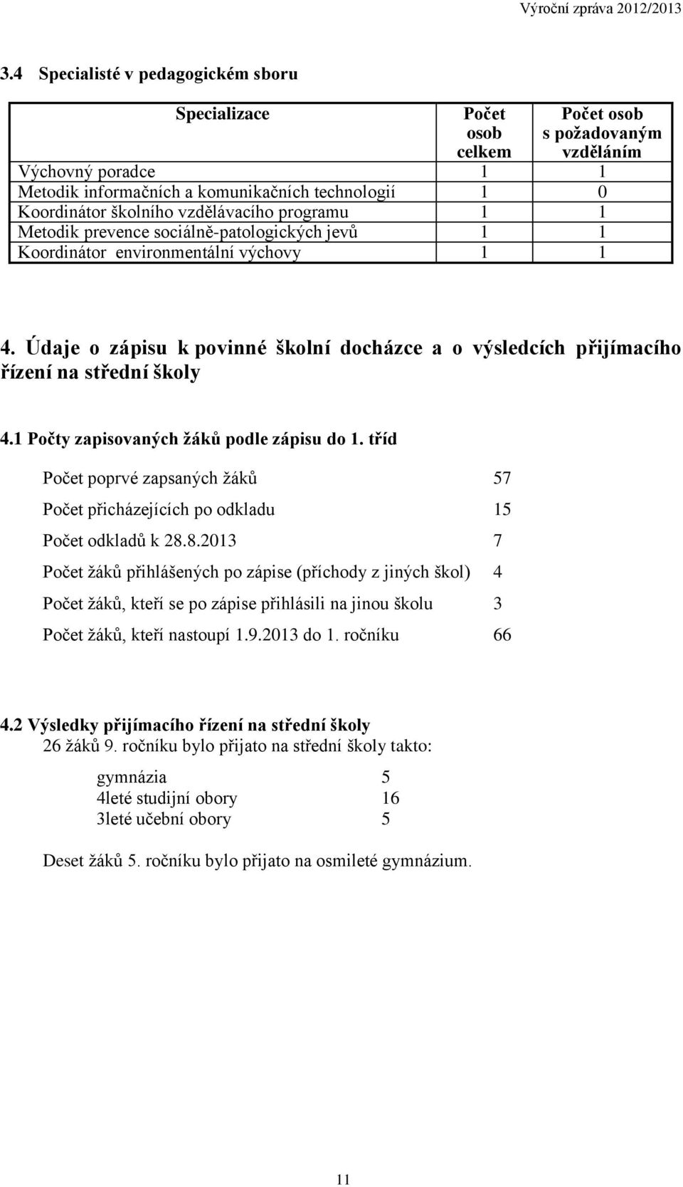 Údaje o zápisu k povinné školní docházce a o výsledcích přijímacího řízení na střední školy 4.1 Počty zapisovaných žáků podle zápisu do 1.