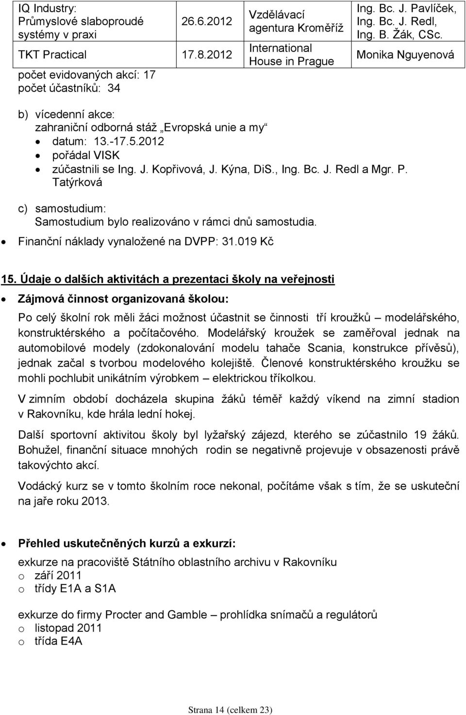 Kýna, DiS., Ing. Bc. J. Redl a Mgr. P. Tatýrková c) samostudium: Samostudium bylo realizováno v rámci dnů samostudia. Finanční náklady vynaložené na DVPP: 31.019 Kč 15.