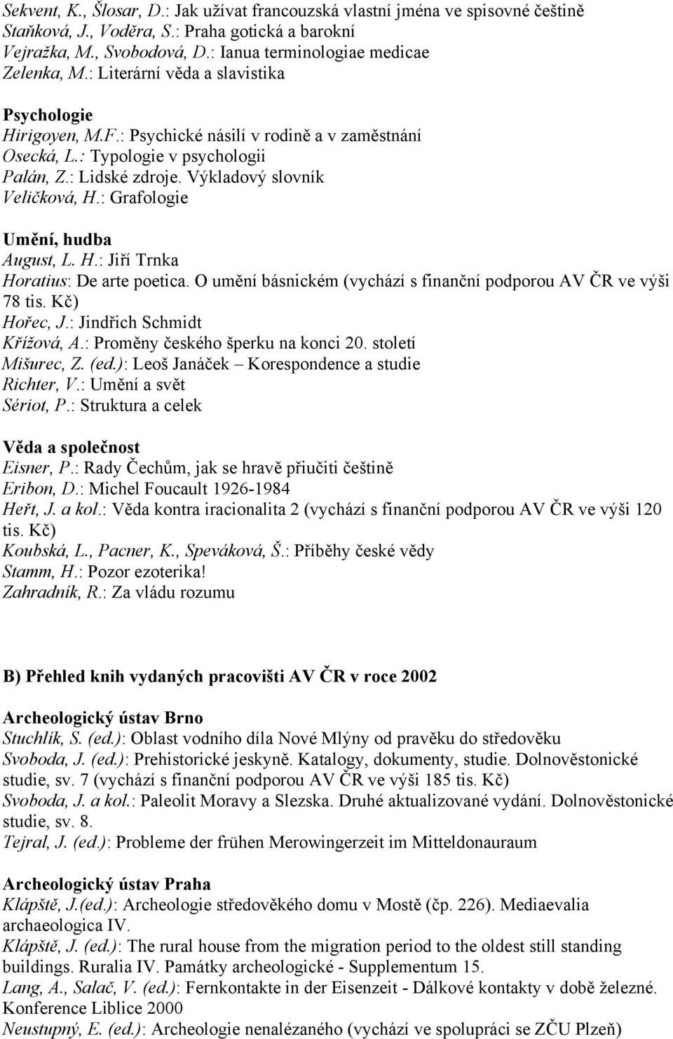 : Grafologie Umění, hudba August, L. H.: Jiří Trnka Horatius: De arte poetica. O umění básnickém (vychází s finanční podporou AV ČR ve výši 78 tis. Kč) Hořec, J.: Jindřich Schmidt Křížová, A.