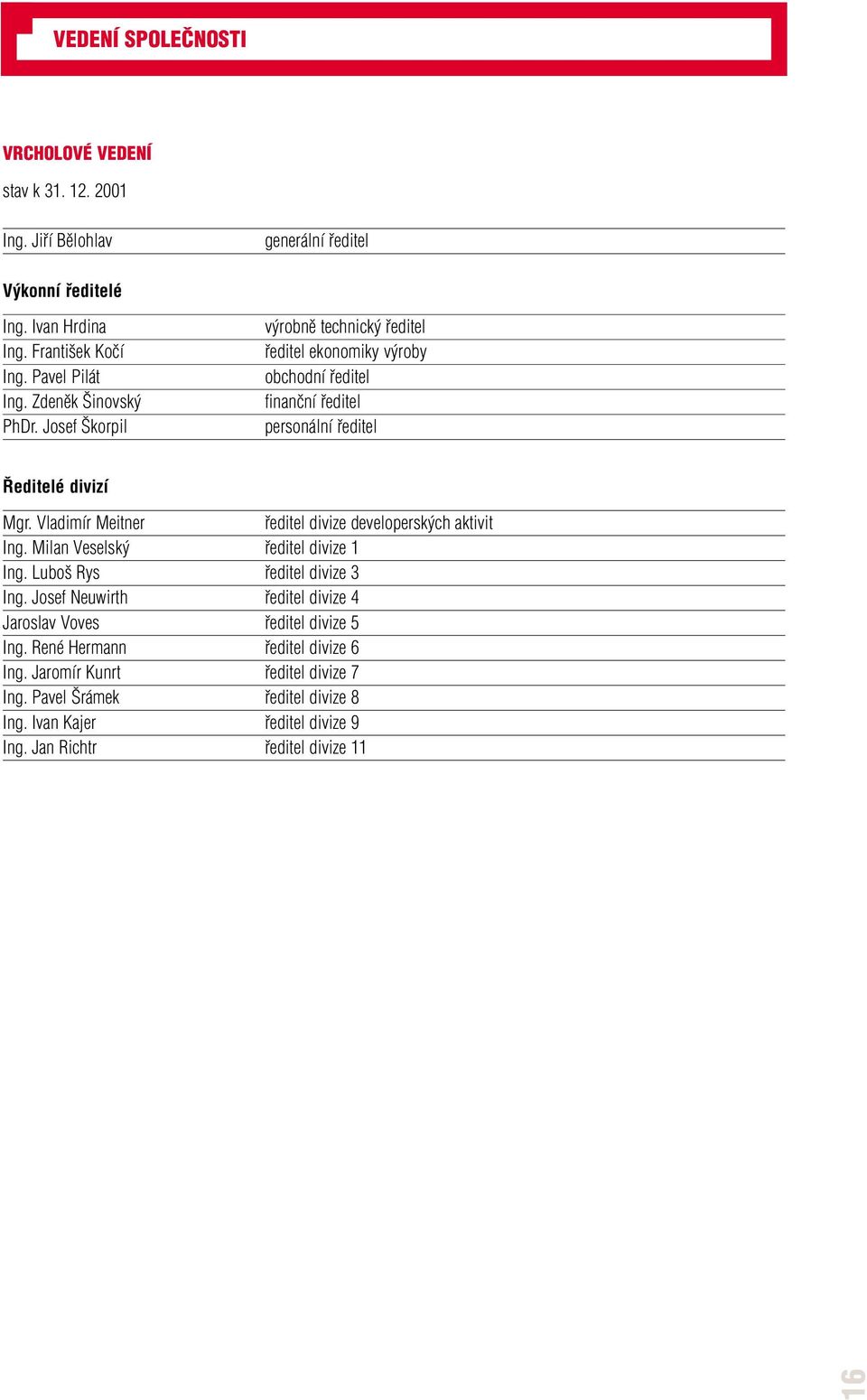 Vladimír Meitner fieditel divize developersk ch aktivit Ing. Milan Veselsk fieditel divize 1 Ing. Lubo Rys fieditel divize 3 Ing.