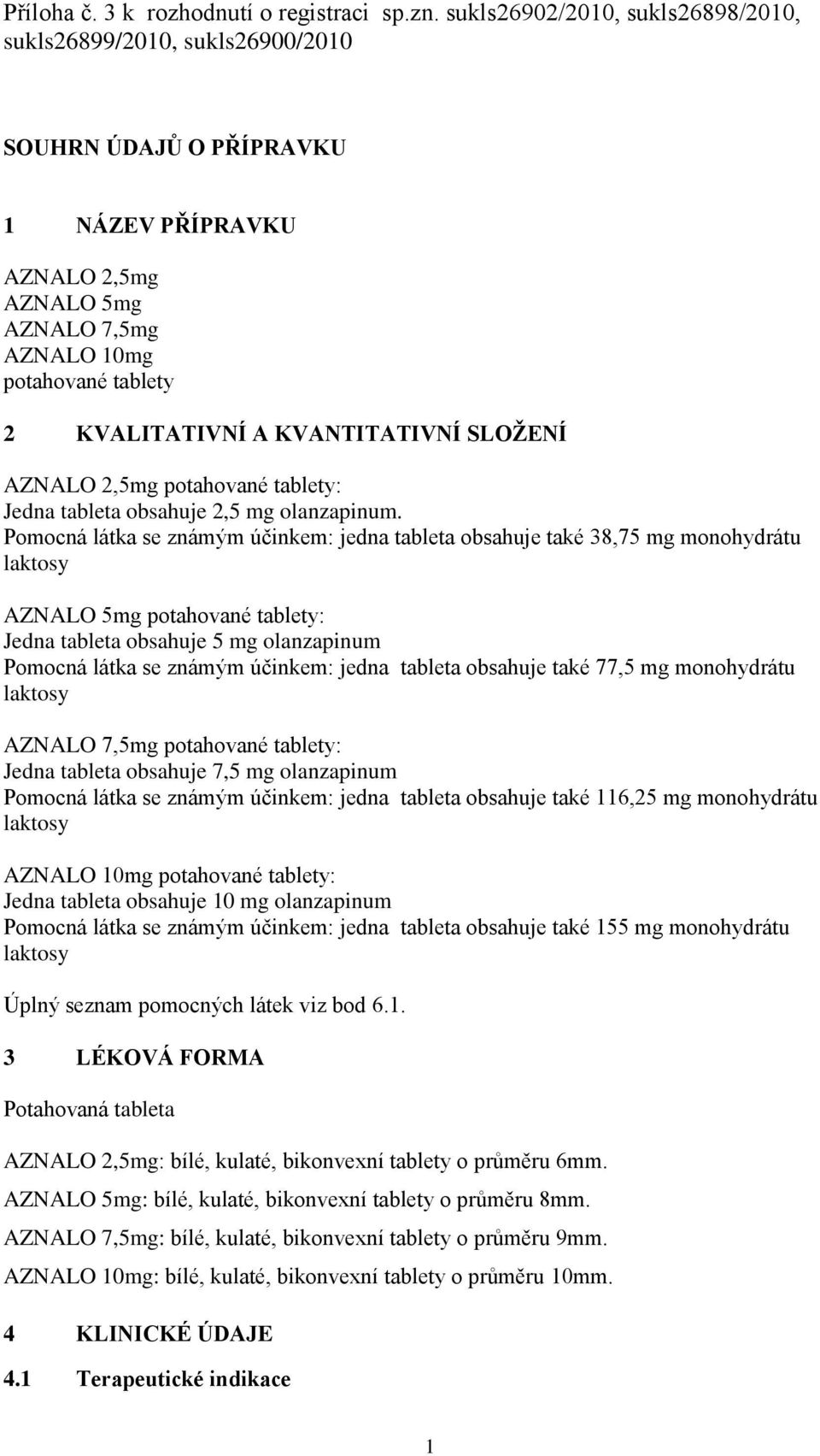 KVANTITATIVNÍ SLOŽENÍ AZNALO 2,5mg potahované tablety: Jedna tableta obsahuje 2,5 mg olanzapinum.