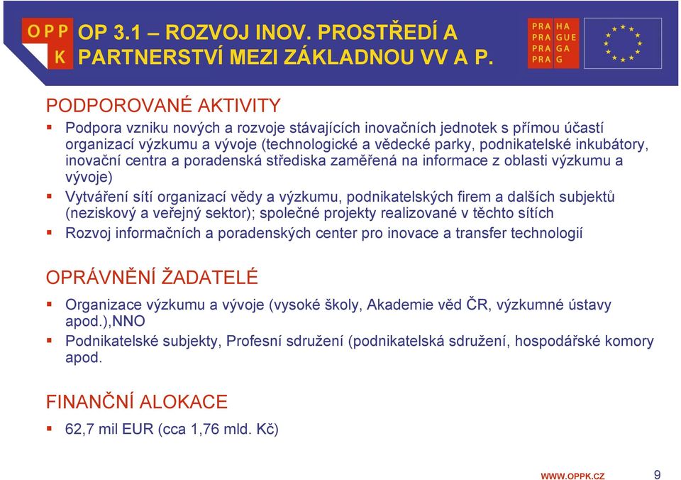 centra a poradenská střediska zaměřená na informace z oblasti výzkumu a vývoje) Vytváření sítí organizací vědy a výzkumu, podnikatelských firem a dalších subjektů (neziskový a veřejný sektor);