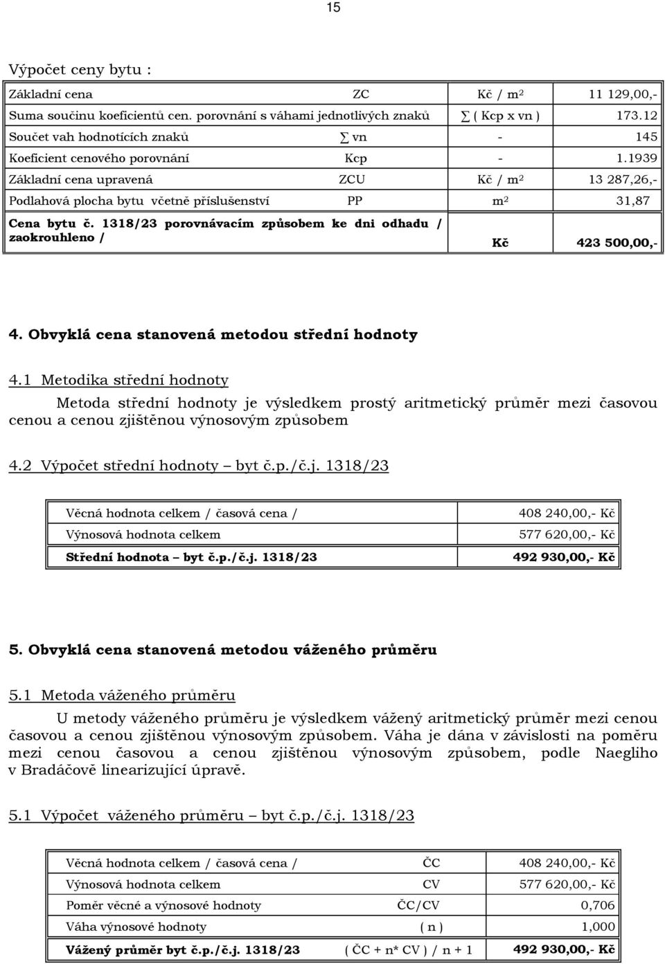 1318/23 porovnávacím způsobem ke dni odhadu / zaokrouhleno / Kč 423 500,00,- 4. Obvyklá cena stanovená metodou střední hodnoty 4.