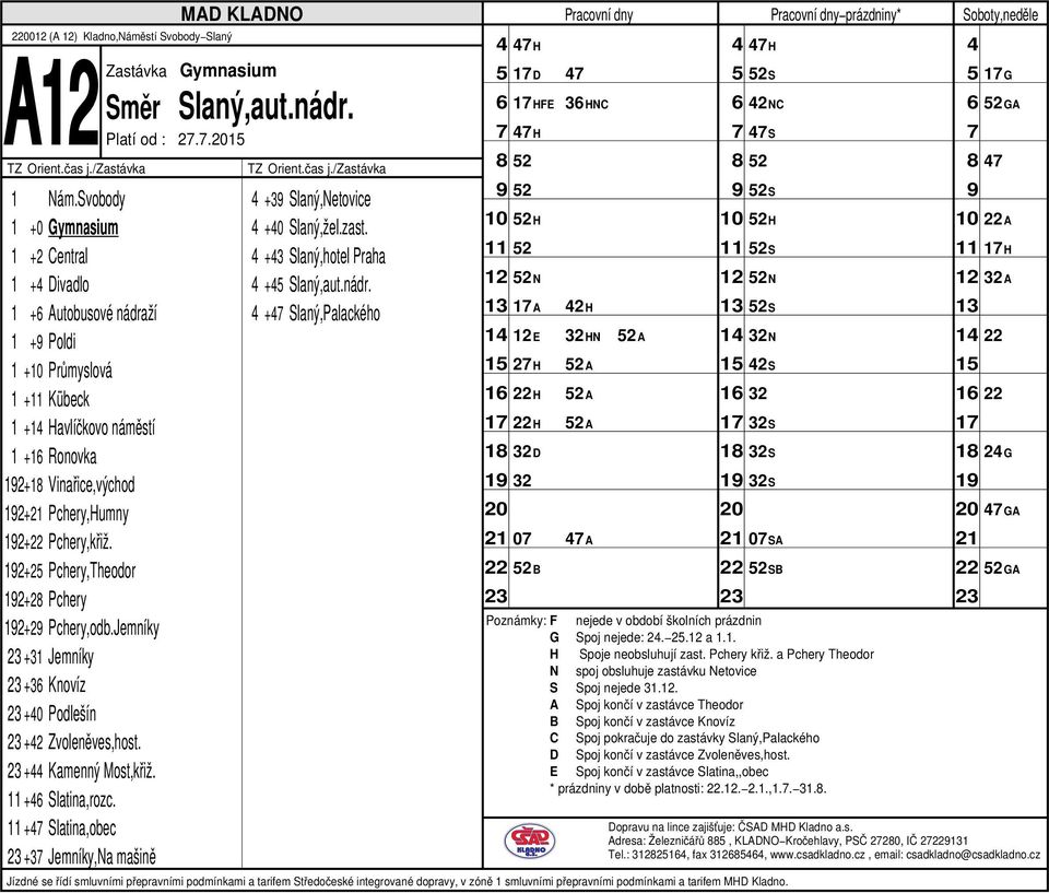 + Slatina,obec +3 Jemníky,Na mašině Zastávka Gymnasium Platí od : 2.. +3 Slaný,Netovice +0 Slaný,žel.zast. +3 Slaný,hotel Praha + Slaný,aut.nádr.