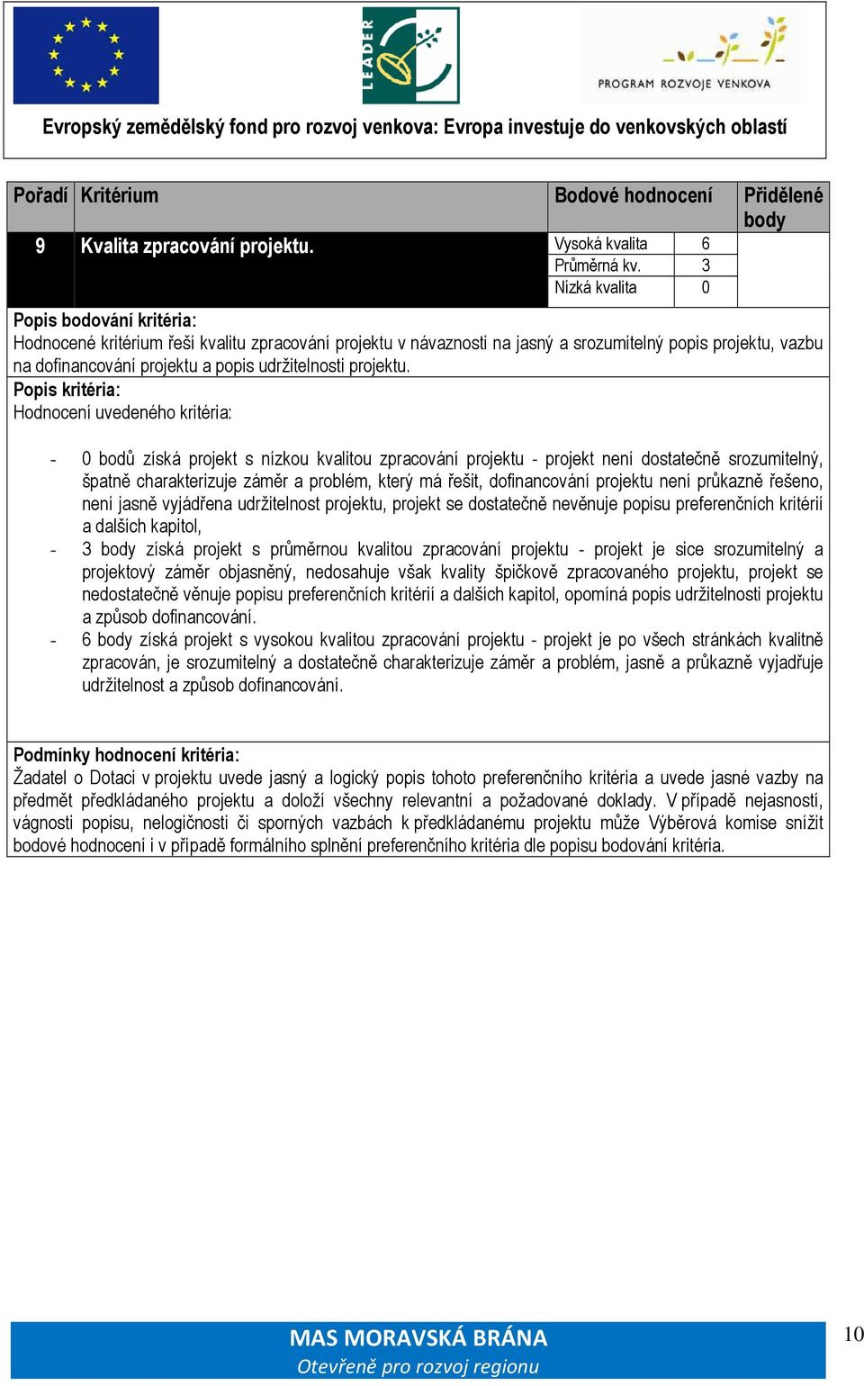 Hodnocení uvedeného kritéria: - 0 bodů získá projekt s nízkou kvalitou zpracování projektu - projekt není dostatečně srozumitelný, špatně charakterizuje záměr a problém, který má řešit, dofinancování