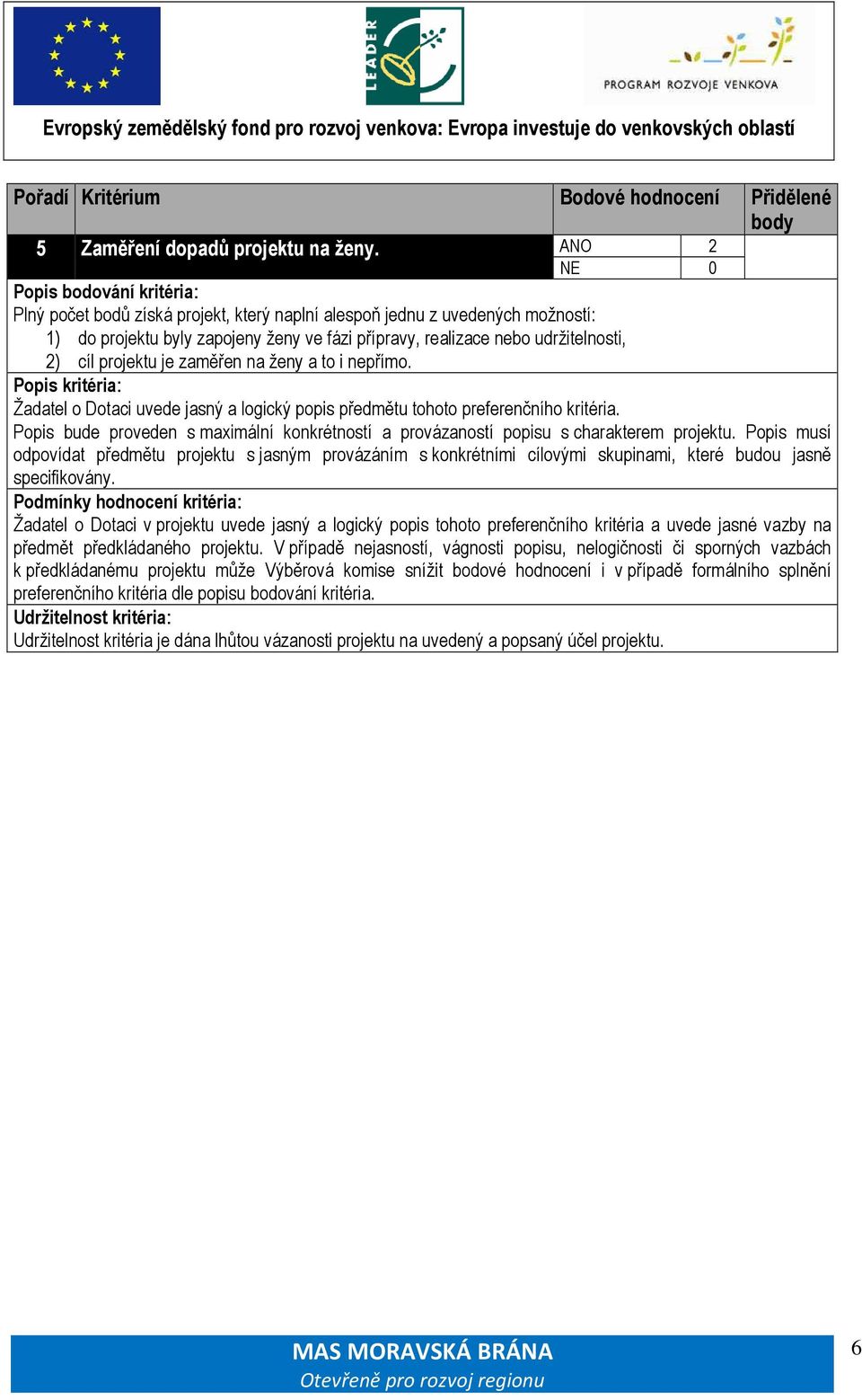 na ženy a to i nepřímo. Žadatel o Dotaci uvede jasný a logický popis předmětu tohoto preferenčního kritéria. Popis bude proveden s maximální konkrétností a provázaností popisu s charakterem projektu.