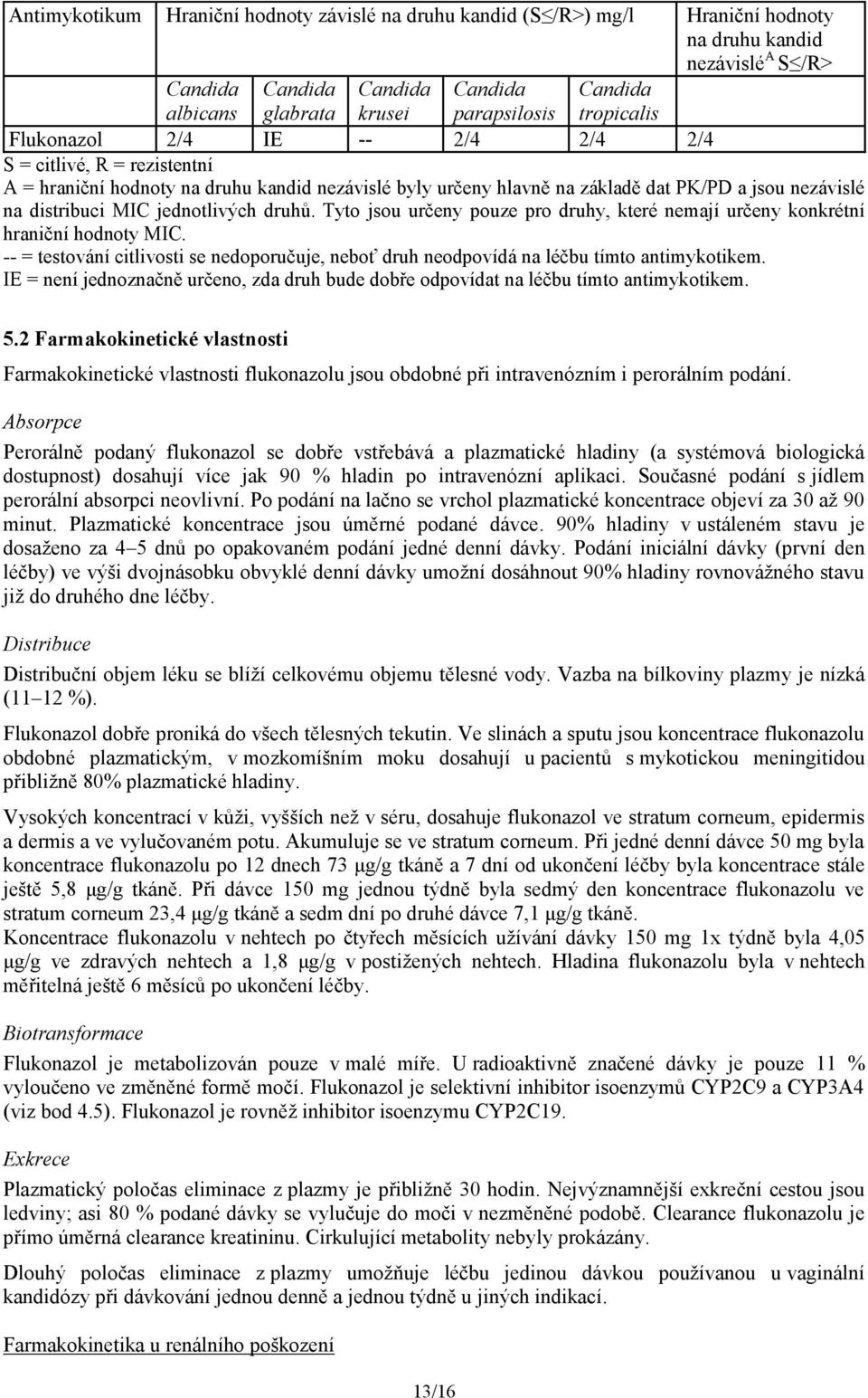 jednotlivých druhů. Tyto jsou určeny pouze pro druhy, které nemají určeny konkrétní hraniční hodnoty MIC. -- = testování citlivosti se nedoporučuje, neboť druh neodpovídá na léčbu tímto antimykotikem.