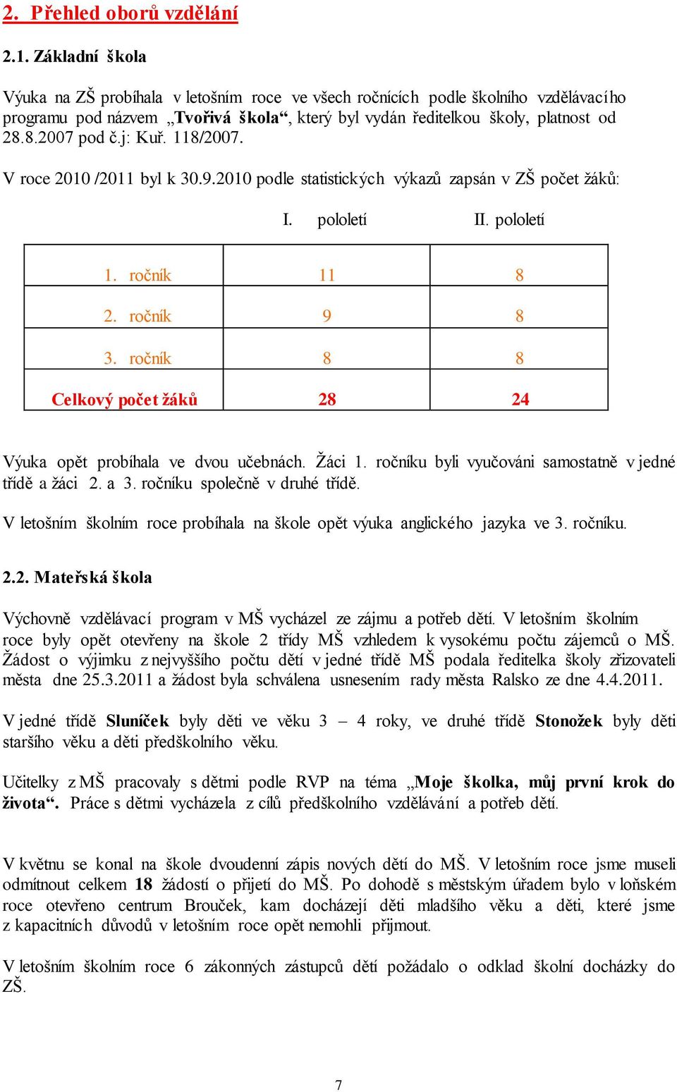 j: Kuř. 118/2007. V roce 2010 /2011 byl k 30.9.2010 podle statistických výkazů zapsán v ZŠ počet žáků: I. pololetí II. pololetí 1. ročník 11 8 2. ročník 9 8 3.