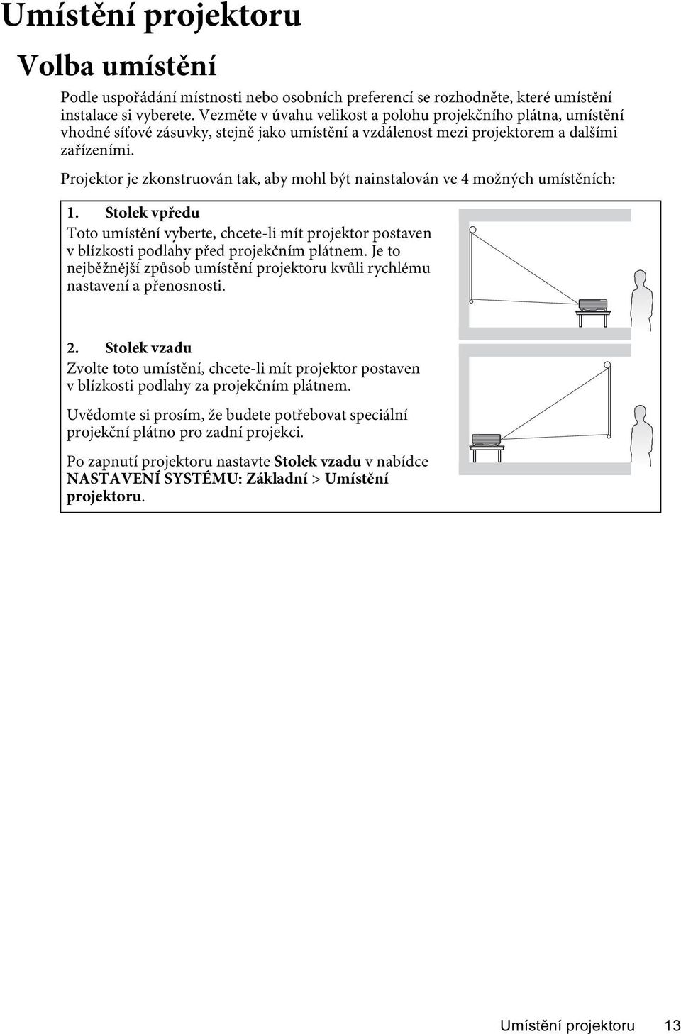 Projektor je zkonstruován tak, aby mohl být nainstalován ve 4 možných umístěních: 1. Stolek vpředu Toto umístění vyberte, chcete-li mít projektor postaven v blízkosti podlahy před projekčním plátnem.