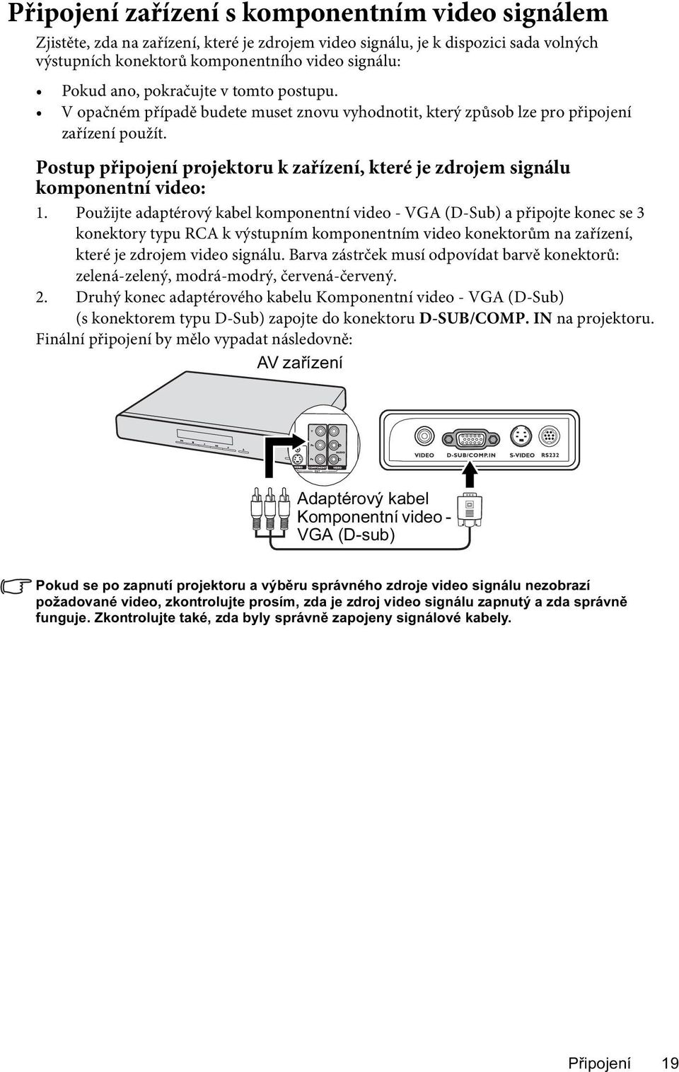 Postup připojení projektoru k zařízení, které je zdrojem signálu komponentní video: 1.
