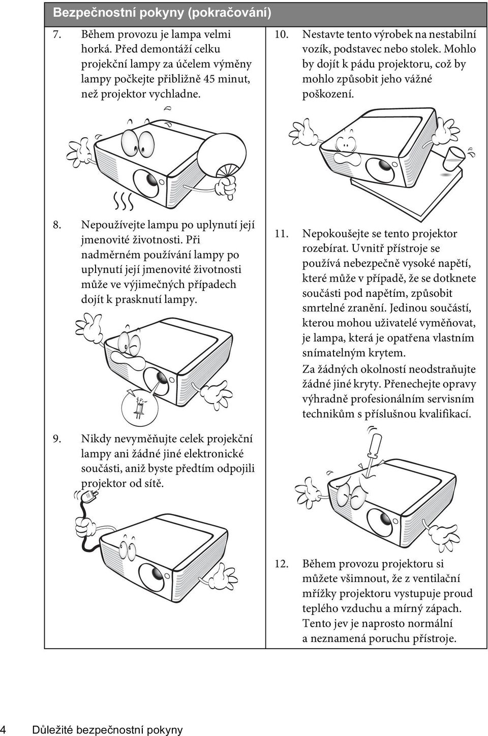 Nepoužívejte lampu po uplynutí její jmenovité životnosti. Při nadměrném používání lampy po uplynutí její jmenovité životnosti může ve výjimečných případech dojít k prasknutí lampy. 11.
