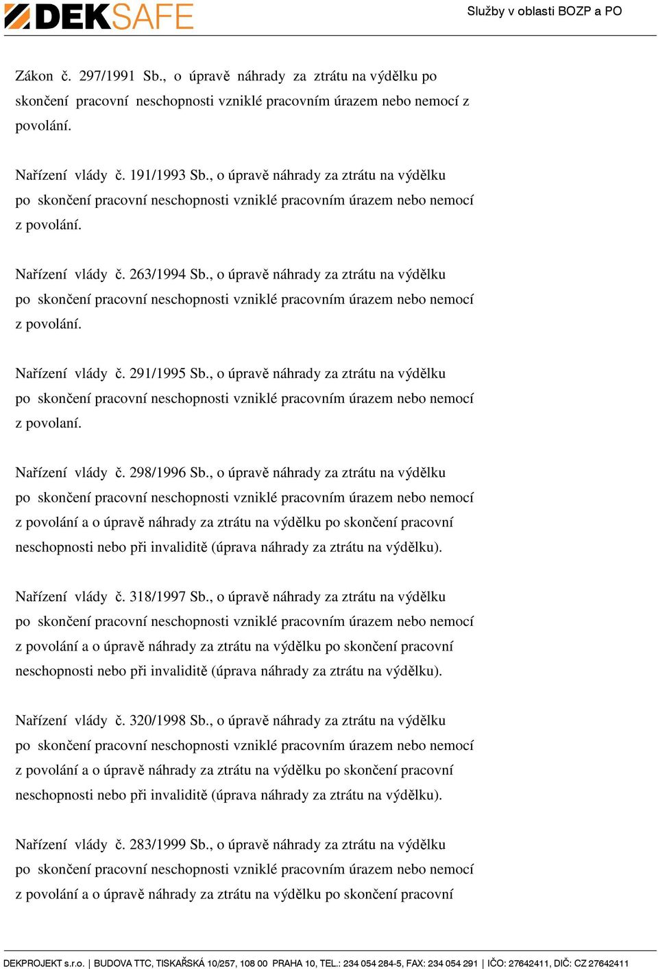 , o úpravě náhrady za ztrátu na výdělku z povolaní. Nařízení vlády č. 298/1996 Sb., o úpravě náhrady za ztrátu na výdělku Nařízení vlády č. 318/1997 Sb.