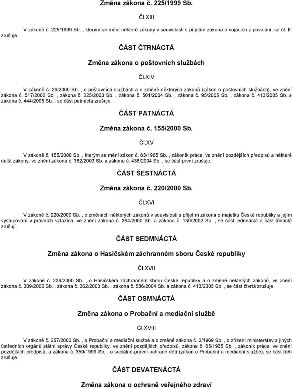 , zákona č. 225/2003 Sb., zákona č. 501/2004 Sb., zákona č. 95/2005 Sb., zákona č. 413/2005 Sb. a zákona č. 444/2005 Sb., se část patnáctá zrušuje. ČÁST PATNÁCTÁ Změna zákona č. 155/2000 Sb. Čl.