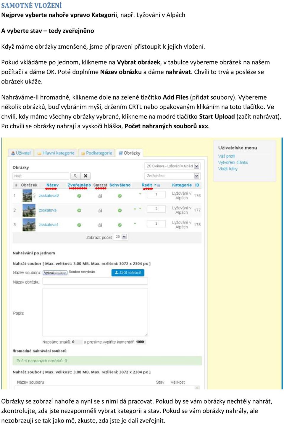 Nahráváme-li hromadně, klikneme dole na zelené tlačítko Add Files (přidat soubory). Vybereme několik obrázků, buď vybráním myší, držením CRTL nebo opakovaným klikáním na toto tlačítko.