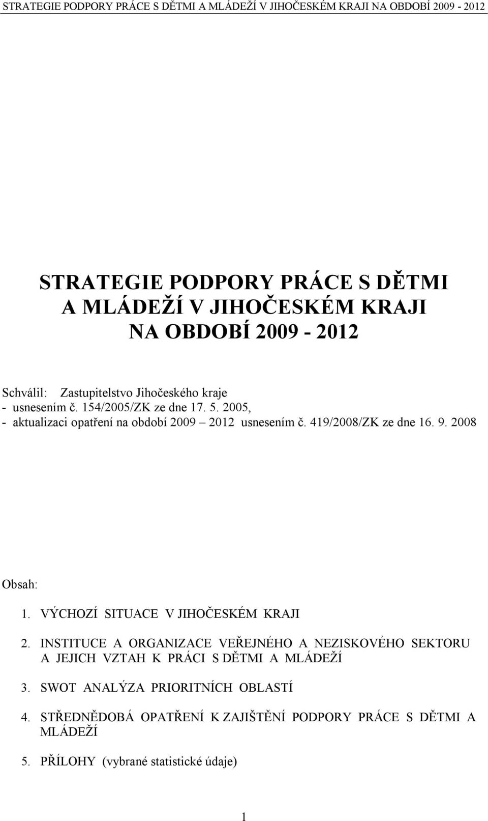 VÝCHOZÍ SITUACE V JIHOČESKÉM KRAJI 2. INSTITUCE A ORGANIZACE VEŘEJNÉHO A NEZISKOVÉHO SEKTORU A JEJICH VZTAH K PRÁCI S DĚTMI A MLÁDEŽÍ 3.